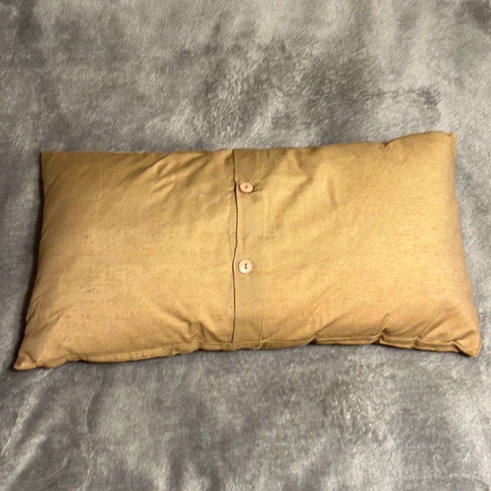 Tan/brown pillow. One side pleated/one side buttons